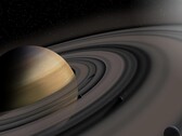 Иллюстрация художника, изображающая кольца Сатурна и несколько лун.