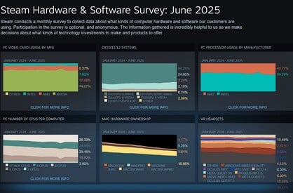 Общие результаты опроса Steam за июнь 2025 года (Источник изображения: скриншот, Steam)