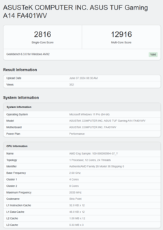 AMD Ryzen AI 9 HX 370 Geekbench 6 баллов в Asus TUF Gaming A14. (Источник: Geekbench)
