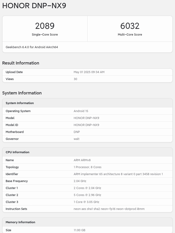 Модель "Honor 400 Pro" на Geekbench.  (Источник: Geekbench через Digital Chat Station)
