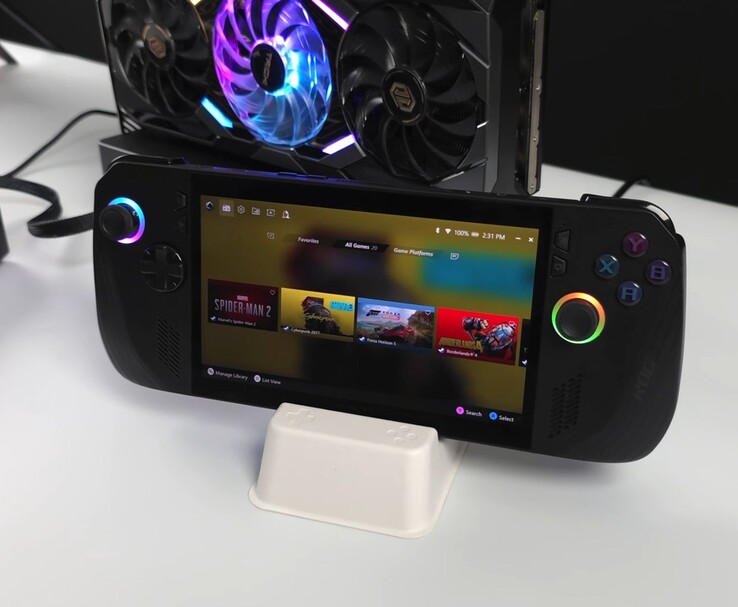Портативный компьютер Asus ROG Ally X, подключенный к AMD Radeon RX 9070 XT во внешней док-станции Oculink eGPU, демонстрирует на своем экране такие игры, как Spider-Man 2, Cyberpunk 2077, Forza Horizon 5 и Borderlands 4 (Источник изображения: ETA PRIME через YouTube)