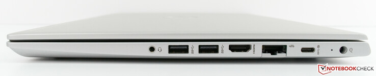 Левая сторона: комбинированный аудио разъем, 2x USB 3 Type-A, HDMI 1.4b, Ethernet, USB 3.1 Type-C Gen1 с power delivery и DisplayPort, разъем питания