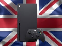 Xbox Series X на фоне флага Великобритании