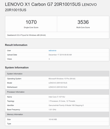 Результаты Comet Lake i7-10710U с Geekbench (Источник: Geekbench)