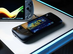 Steam Deck, отображающий главный экран SteamOS, лежит на светящемся белом столе рядом с различными портативными игровыми ПК на базе Windows, включая устройства ASUS ROG Ally и Ayaneo. (Источник изображения: Notebookcheck)