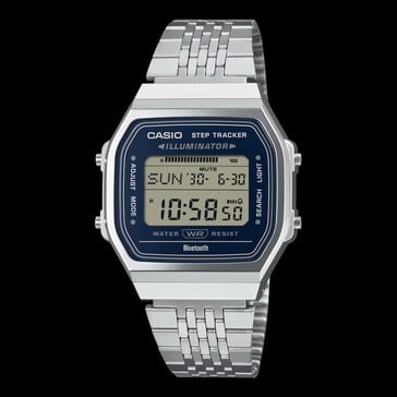 Casio ABL-100WE-2A с циферблатом темно-синего цвета и корпусом серебристого оттенка.