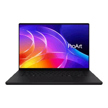 Asus ProArt P16 показан спереди с видимыми дисплеем и клавиатурой
