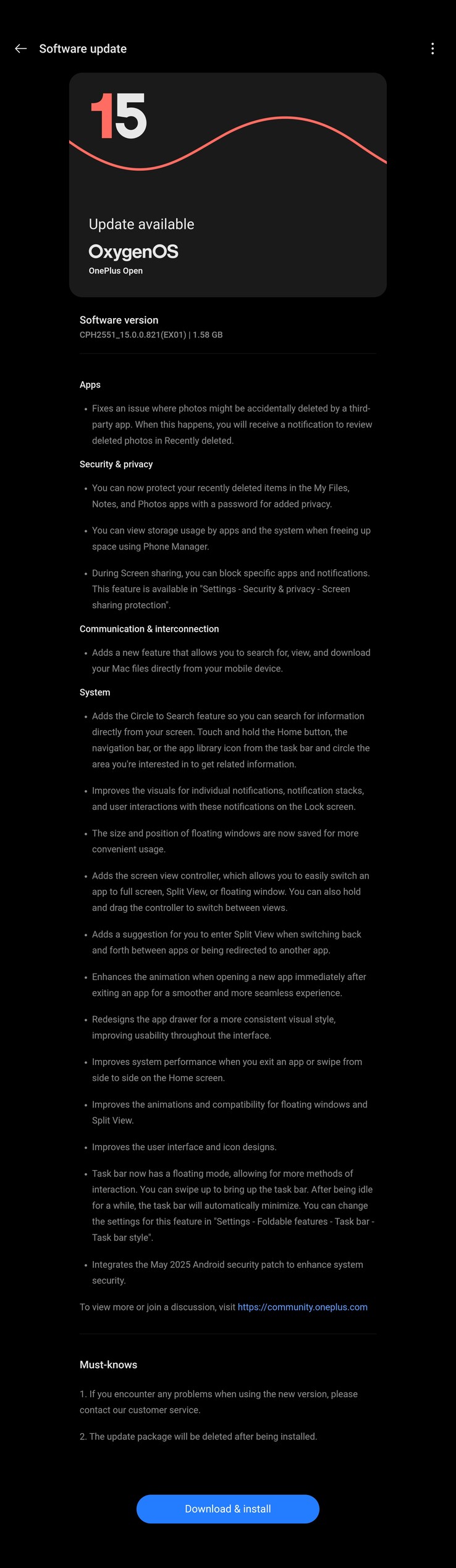 Полный журнал изменений OxygenOS 15.0.0.821. (Источник: OnePlus)