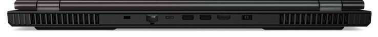 Задняя сторона: слот замка, гигабитный Ethernet, USB 3.2 Gen 1 (Type-C, DisplayPort), 2x USB 3.2 Gen 1 (Type-A), HDMI 2.0, разъем питания