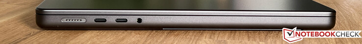Левая сторона: MagSafe, 2x USB-C 4.0 (Thunderbolt 4 40 Гбит, DisplayPort-ALT mode 1.4, Power Delivery), аудио разъем