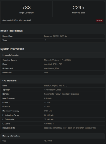 Листинг Geekbench Intel Core Ultra 5 332 (источник изображения: Geekbench)