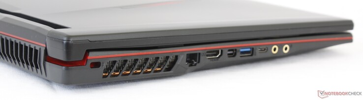Левая сторона: слот для замка Kensington, Ethernet, HDMI 1.4, mini-DisplayPort 1.2, USB 3.1 Type-A, USB 3.1 Type-C Gen. 1, микрофонный вход, выход на наушники