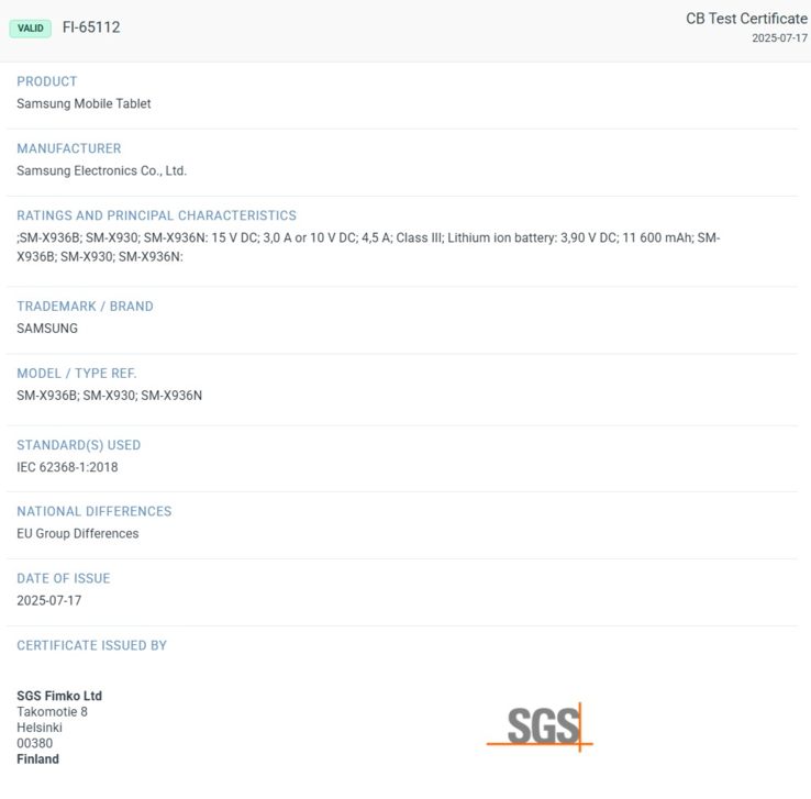 Компания SGS Fimko сертифицировала флагманский планшет Samsung нового поколения, в котором будут использоваться практически неизменные характеристики аккумулятора и зарядки. (Источник: SGS Fimko через XpertPick)