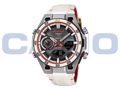 Новые часы Casio Edifice x Honda ECB-2300HR-1A (на фото на белом фоне с логотипом Casio) оснащены субциферблатом, напоминающим тахометр, в положении