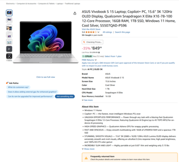 Листинг Asus Vivovook S 15 на Amazon с тем же предупреждением (источник изображения: Amazon)