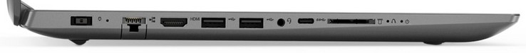 Левая сторона: разъем питания, LAN, HDMI, 2x USB 3.0, аудио разъем, 1x USB 3.1 Type-C, картридер
