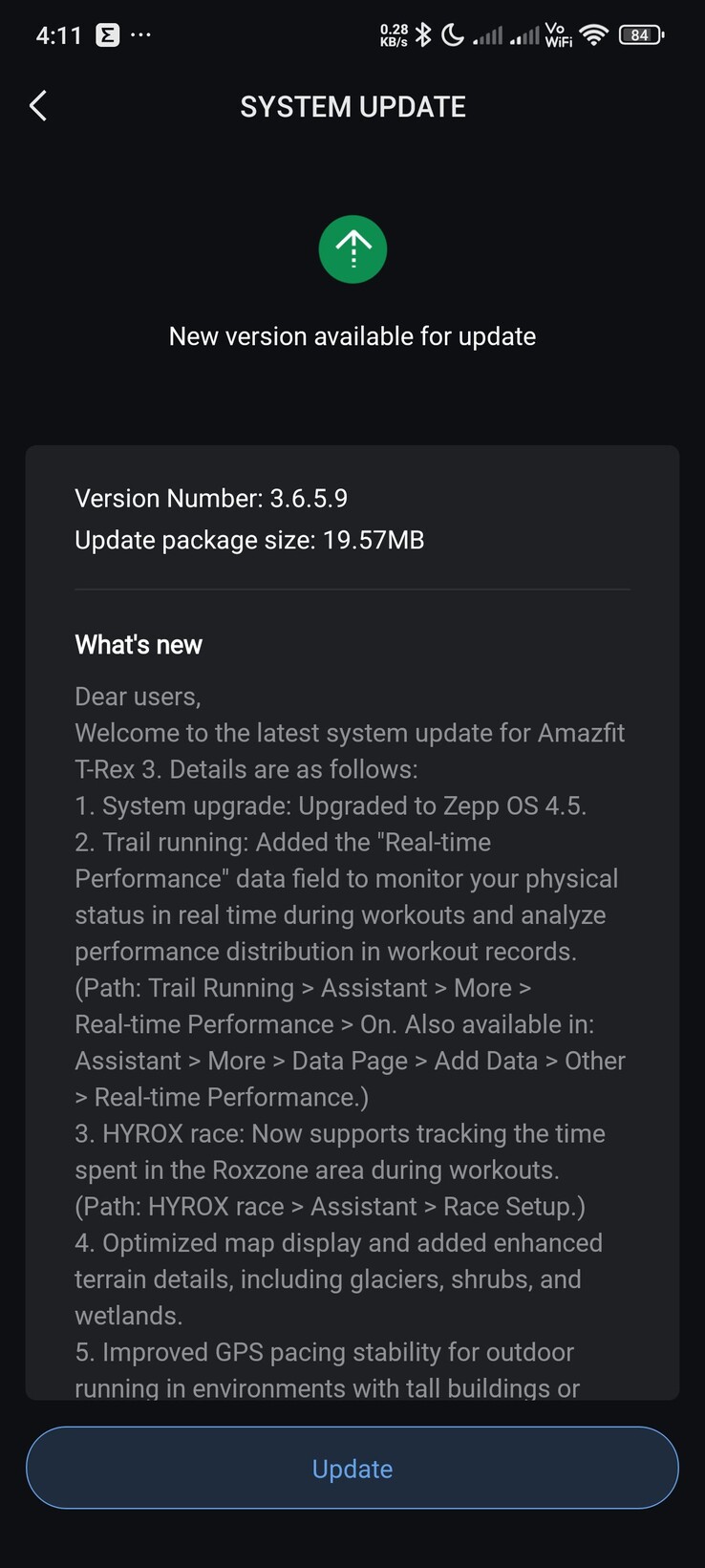 Примечания к выпуску обновления версии 3.6.5.9 для смарт-часов Amazfit T-Rex 3. (Источник изображения: Facebook)