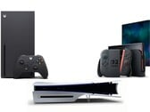 На фотографии представлены Xbox Series X, Sony PS5 Slim Disc Edition и Nintendo Switch 2