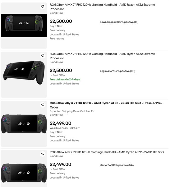 Цены на Asus ROG Xbox Ally X на eBay (Источник изображения: скриншот, eBay)