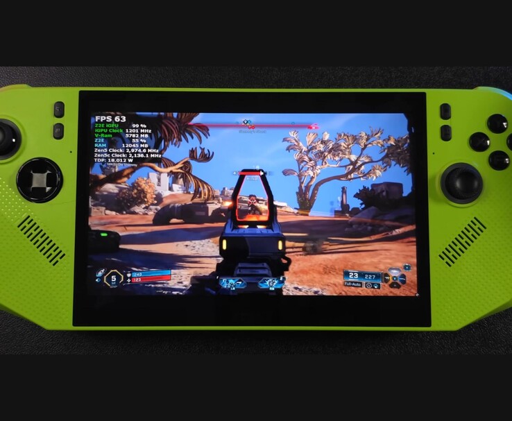Borderlands 4, запущенная на портативном компьютере MSI Claw 8 AI с AMD Ryzen Z2 Extreme, показывает счетчик FPS на экране и наложение производительности во время игры (ETA PRIME через YouTube)