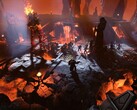 Изображение, показывающее битву с огненным гигантом в Age of Wonders 4.