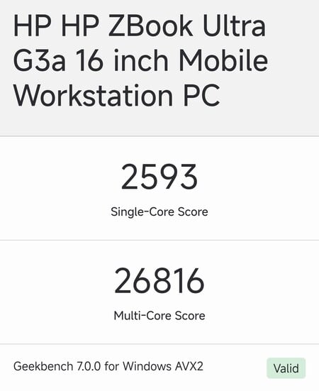 Информация о 16-дюймовом ноутбуке HP ZBook Ultra G3a на сайте Geekbench