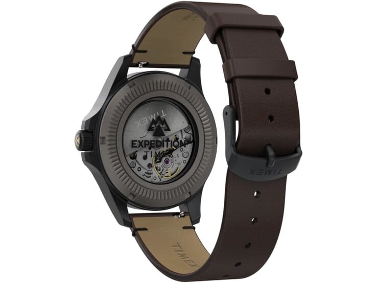 Вид сзади часов Timex Expedition Field Post Titanium, демонстрирующий прозрачную заднюю крышку корпуса, автоматический механизм и коричневый кожаный ремешок.