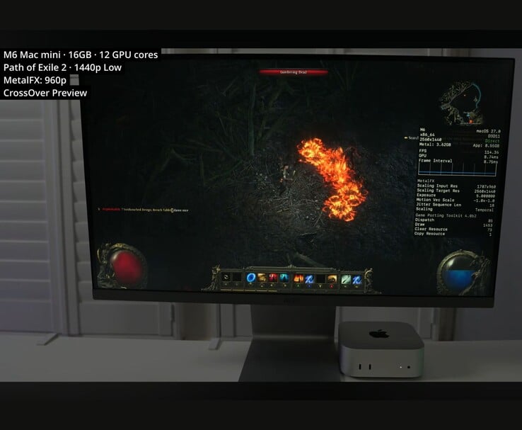 Игра Path of Exile 2 запущена на Mac mini с процессором M6 и 16 ГБ оперативной памяти через CrossOver в разрешении 1440p с низкими настройками.