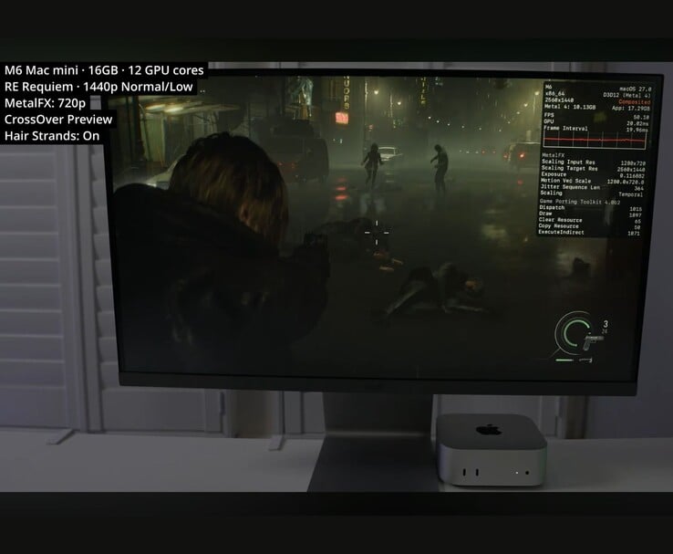 Игра Resident Evil Requiem работает со скоростью около 50 кадров в секунду на Mac mini с процессором M6 и 16 ГБ оперативной памяти через CrossOver.