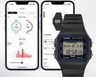 Цифровые часы Casio F-B100W, изображённые на фоне двух экранов смартфонов, на которых отображается приложение Life Log, подключённое к часам, с данными об учёте шагов и физической активности.