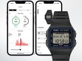 Цифровые часы Casio F-B100W, изображённые на фоне двух экранов смартфонов, на которых отображается приложение Life Log, подключённое к часам, с данными об учёте шагов и физической активности.