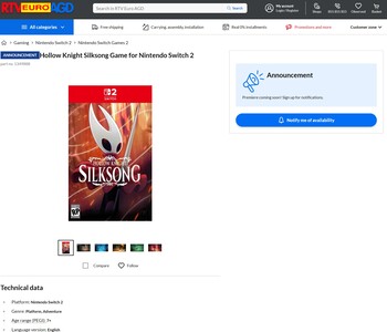 Hollow Knight Silksong Switch 2 листинг RTV Euro AGD (Источник изображения: скриншот, RTV Euro AGD)