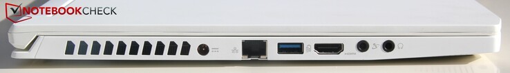 Левая сторона: разъем питания, LAN, USB type-A 3.0, HDMI, микрофонный вход, выход на наушники