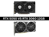 Изображение бок о бок видеокарт Nvidia GeForce RTX 5050 и RTX 3060 12 ГБ (Источник изображения: Изображения продуктов от Gigabyte и MSI. Композиция создана Anmol Dubey с помощью Notebookcheck).