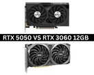 Изображение бок о бок видеокарт Nvidia GeForce RTX 5050 и RTX 3060 12 ГБ (Источник изображения: Изображения продуктов от Gigabyte и MSI. Композиция создана Anmol Dubey с помощью Notebookcheck).