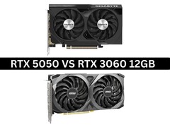 Изображение бок о бок видеокарт Nvidia GeForce RTX 5050 и RTX 3060 12 ГБ (Источник изображения: Изображения продуктов от Gigabyte и MSI. Композиция создана Anmol Dubey с помощью Notebookcheck).