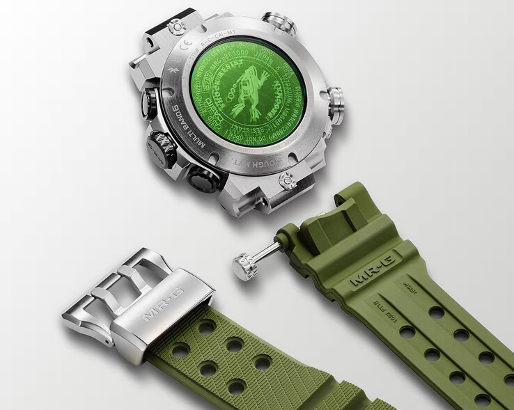 Часы Frogman MRG-BF1000RG имеют ярко-зеленое сапфировое стекло с паровым напылением в центре титановой задней крышки, а также легко снимающийся ремешок из фторкаучука, гибкий и удобный в носке. (Источник изображения: Casio)