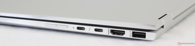 Правая сторона: качелька регулировки громкости, 2x USB Type-C w/ Thunderbolt 3, HDMI 1.4, USB 3.1 Type-A