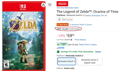 Показаны страница Zelda: Ocarina of Time на Amazon и данные о продажах