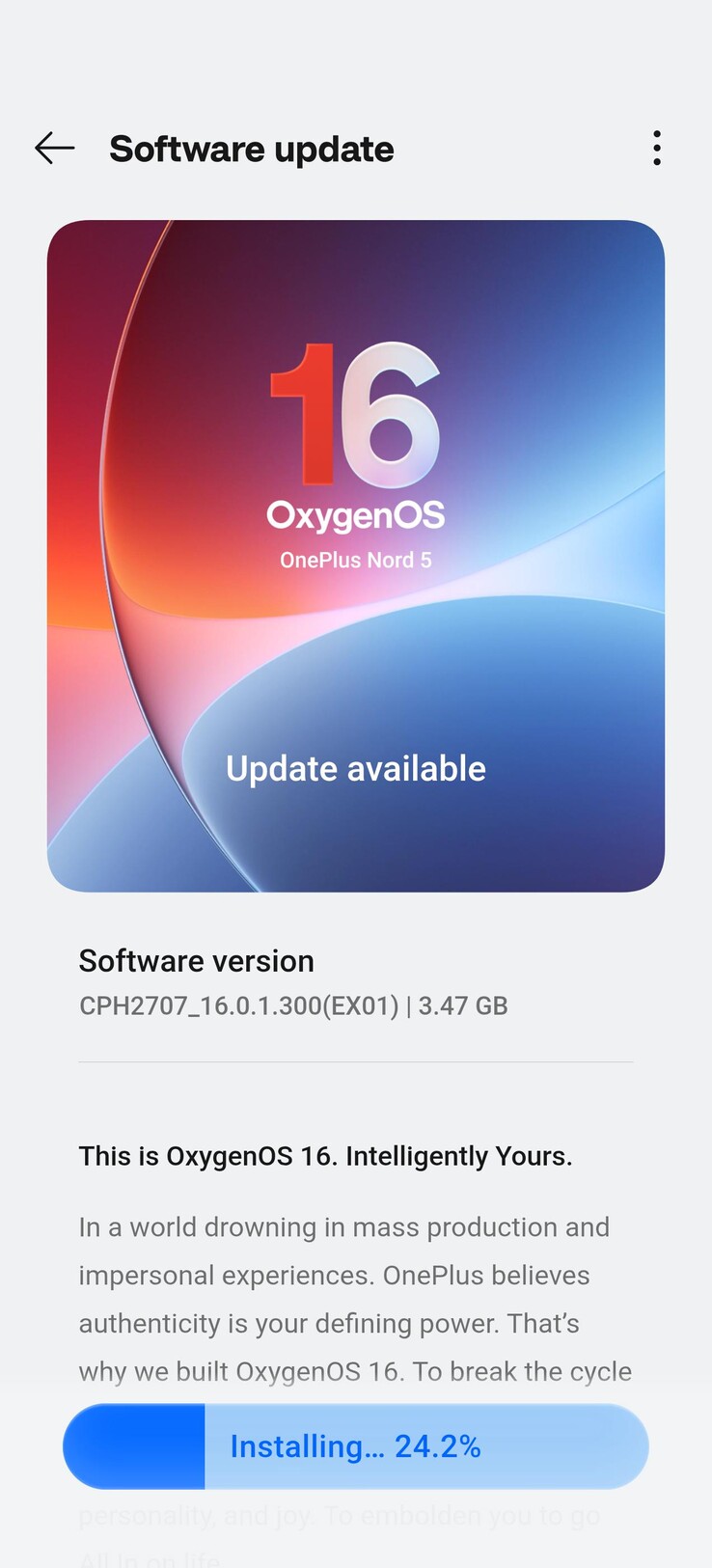 OxygenOS 16 OTA на OnePlus Nord 5. (Источник изображения: u/Which_Total1708 через Reddit)