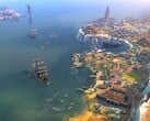 Изображение, на котором запечатлены здания и корабли из игры «Humankind», которая сейчас продаётся со скидкой 90 %.