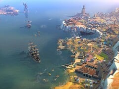 Изображение, на котором запечатлены здания и корабли из игры «Humankind», которая сейчас продаётся со скидкой 90 %.