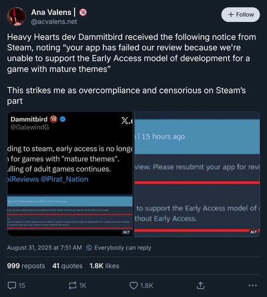 Ana Valens Bluesky разместила пост о раннем доступе к играм для взрослых в Steam (Источник изображения: скриншот, аккаунт Ana Valens Bluesky)