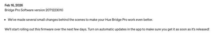 Версия программного обеспечения Philips Hue Bridge Pro 2071223010 Примечания к выпуску
