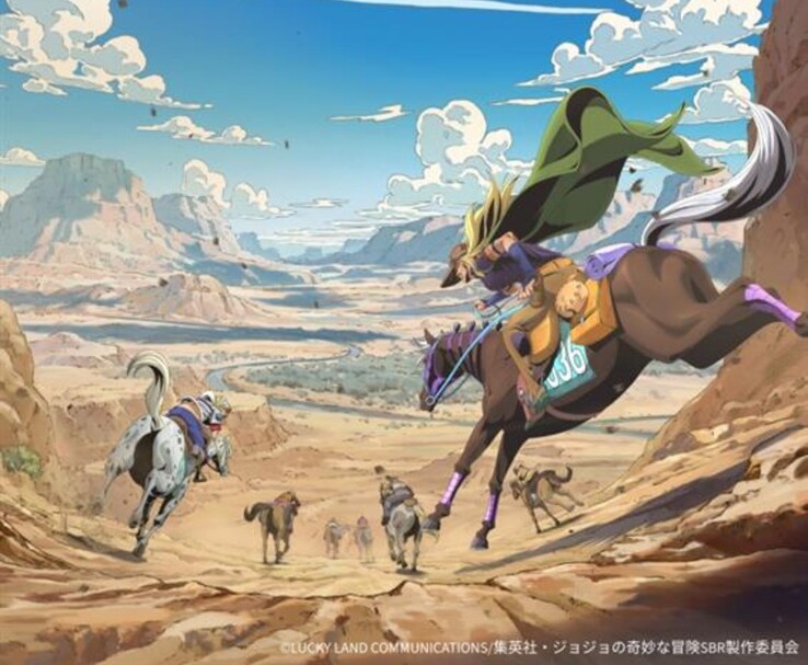 Официальный ключевой визуальный ряд аниме "Steel Ball Run" от Netflix, в котором Гиро Зеппели и Джонни Джостар участвуют в гонках по американской пустыне. (Источник изображения: Lucky Land Communications / Shueisha / Warner Bros. Japan / Netflix Anime