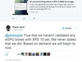 Твит Dell: "Мы готовы начать сертификацию XPS на совместимость с eGPU, но месяц уйдёт на проработку процесса". (Изображение: Twitter) 