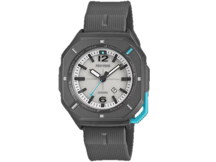 Аналоговые часы Casio Pro Trek PRJ-01AE-8 с серым корпусом, белым циферблатом, бирюзовыми акцентами и черным ремешком
