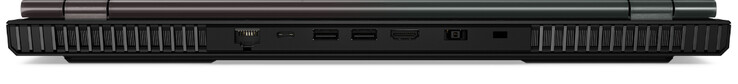 Задняя сторона: гигабитный Ethernet, USB 3.2 Gen 1 (Type C; DisplayPort), 2x USB 3.2 Gen 1 (Type A), HDMI, разъем питания, слот замка