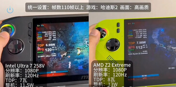 Энергопотребление MSI Claw Z2 Extreme против Ultra 7 258 В (Источник изображения: Bilibili via VideoCardz)