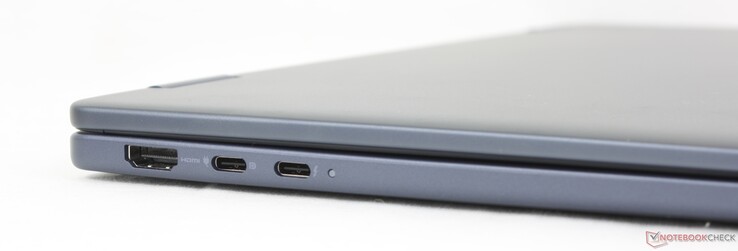 Слева: HDMI 2.1, USB-C 3.2 Gen. 2 w/ DisplayPort 1.4 + Power Delivery, USB-C Thunderbolt 4 w/ DisplayPort 2.1 + Power Delivery